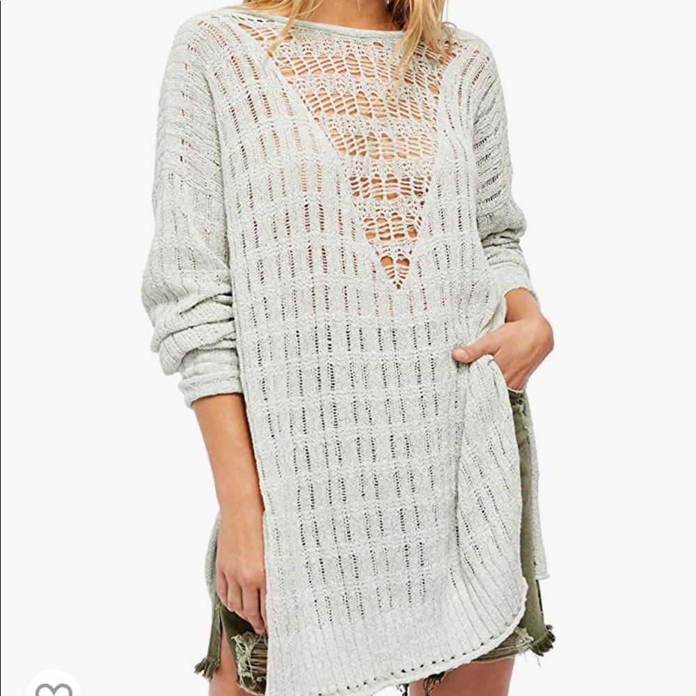Free People XS Knit Mint Green Pretty in Pointelle Longline Sweater